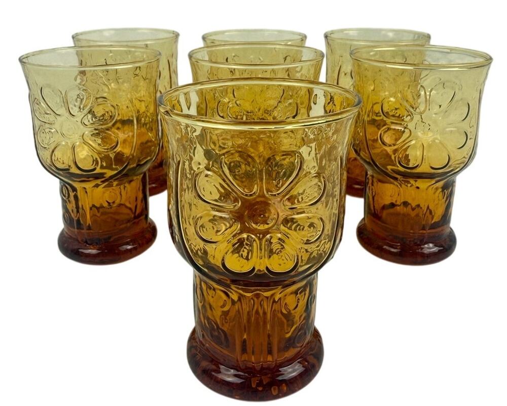Vintage Libbey Country Garden Daisy Amber 4" Tumblers Glasses Set of 7